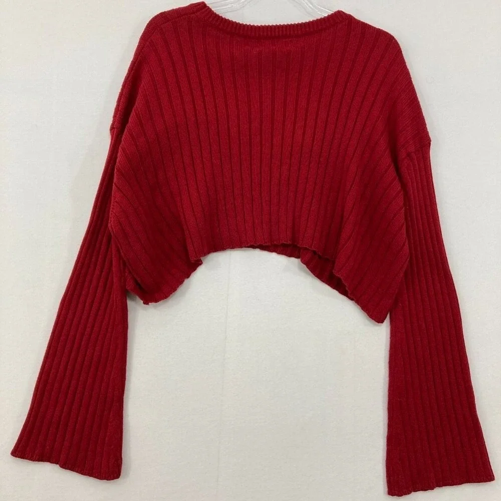 New‎ Seek the Label Medium Red Rib Knit Flare Sleeve Zipper Detail Crop Sweater